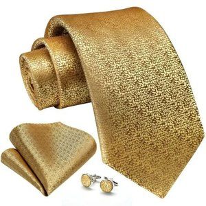 New 𝅺Tie and Pocket Square Cufflinks Set Gold